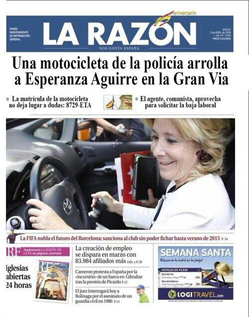 La Razon. Esperanza Aguirre arrollada por una moto de la policia en la Gran Vía